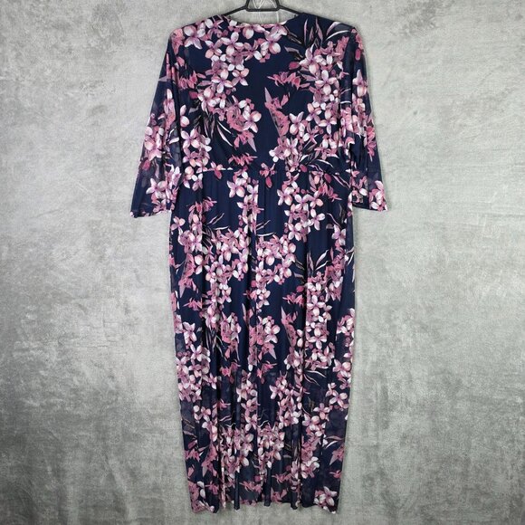 Womens Connected Apparel Navy & Pink Floral Maxi Faux Wrap Dress 3/4 Sleeves 22W - Picture 5 of 8